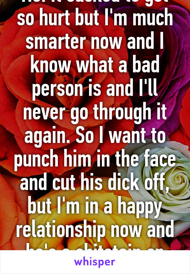 No. It sucked to get so hurt but I'm much smarter now and I know what a bad person is and I'll never go through it again. So I want to punch him in the face and cut his dick off, but I'm in a happy relationship now and he's a shitstain on society