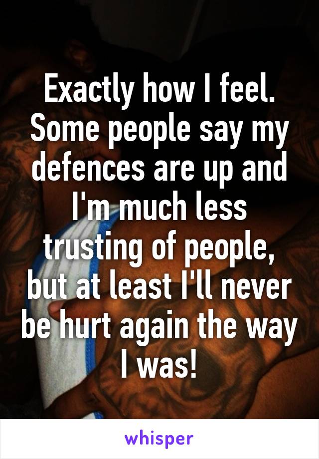 Exactly how I feel.
Some people say my defences are up and I'm much less trusting of people, but at least I'll never be hurt again the way I was!