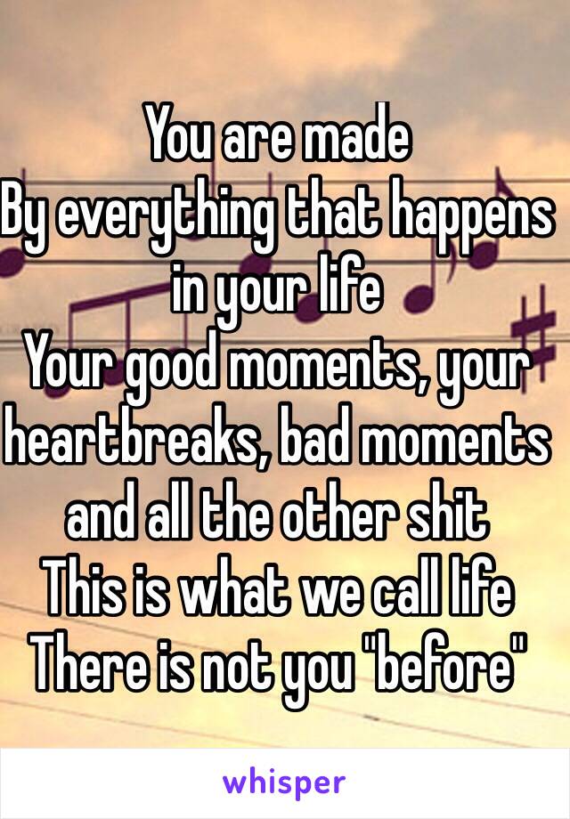 You are made
By everything that happens in your life
Your good moments, your heartbreaks, bad moments and all the other shit
This is what we call life
There is not you "before"
