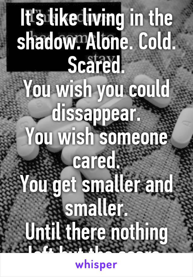 It's like living in the shadow. Alone. Cold. Scared.
You wish you could dissappear.
You wish someone cared.
You get smaller and smaller.
Until there nothing left but the scars.