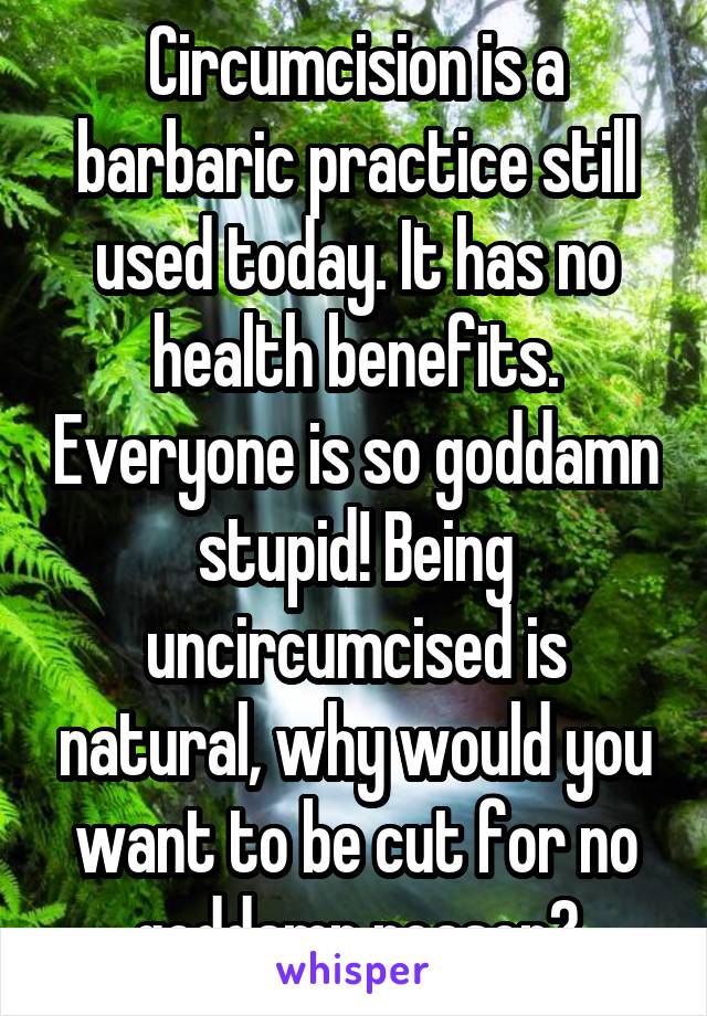 Circumcision is a barbaric practice still used today. It has no health benefits. Everyone is so goddamn stupid! Being uncircumcised is natural, why would you want to be cut for no goddamn reason?