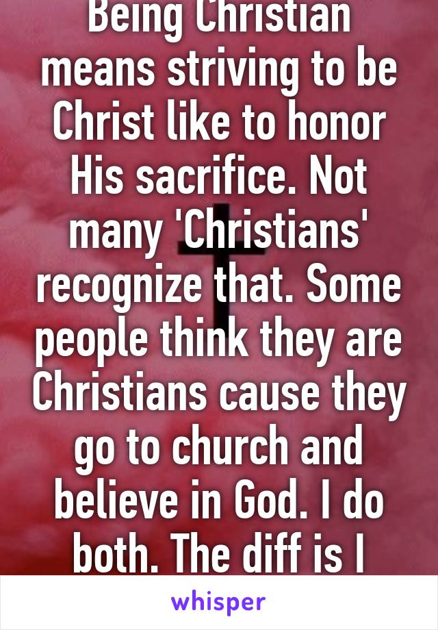 Being Christian means striving to be Christ like to honor His sacrifice. Not many 'Christians' recognize that. Some people think they are Christians cause they go to church and believe in God. I do both. The diff is I know my place. 