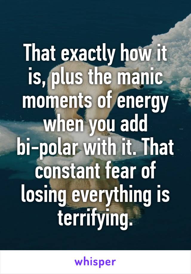 That exactly how it is, plus the manic moments of energy when you add bi-polar with it. That constant fear of losing everything is terrifying.