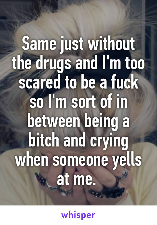 Same just without the drugs and I'm too scared to be a fuck so I'm sort of in between being a bitch and crying when someone yells at me. 