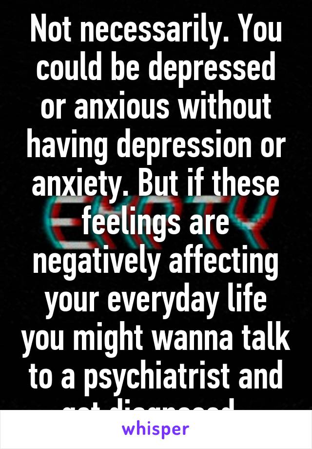 Not necessarily. You could be depressed or anxious without having depression or anxiety. But if these feelings are negatively affecting your everyday life you might wanna talk to a psychiatrist and get diagnosed. 