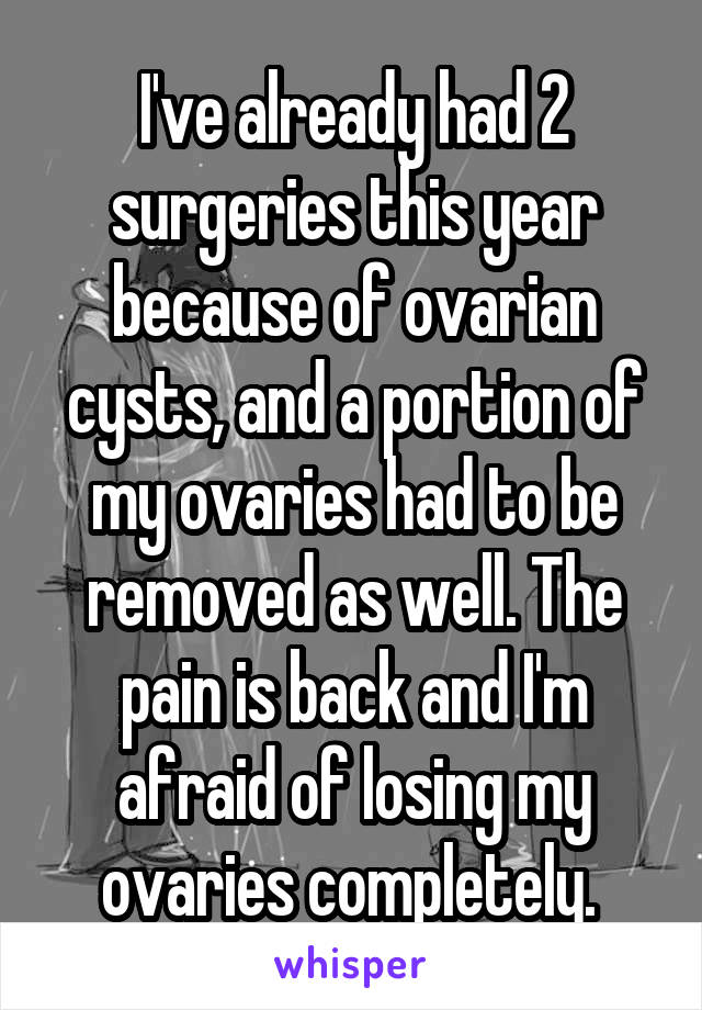 I've already had 2 surgeries this year because of ovarian cysts, and a portion of my ovaries had to be removed as well. The pain is back and I'm afraid of losing my ovaries completely. 