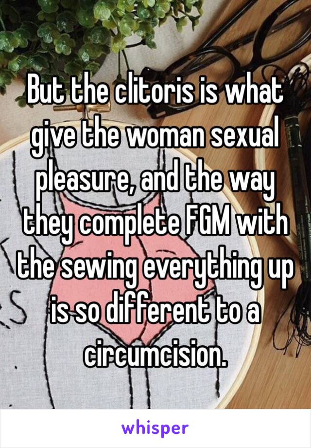 But the clitoris is what give the woman sexual pleasure, and the way they complete FGM with the sewing everything up is so different to a circumcision. 