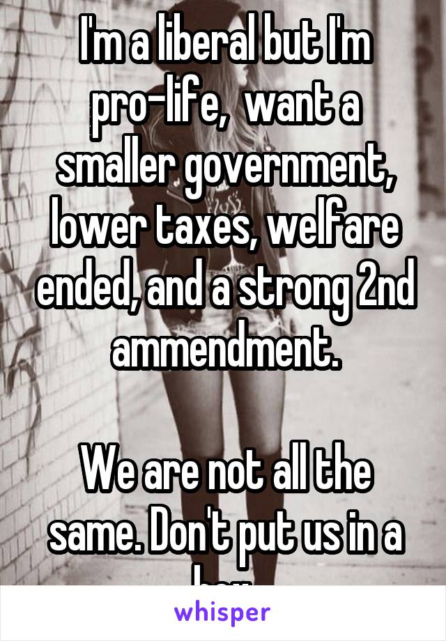 I'm a liberal but I'm pro-life,  want a smaller government, lower taxes, welfare ended, and a strong 2nd ammendment.

We are not all the same. Don't put us in a box.