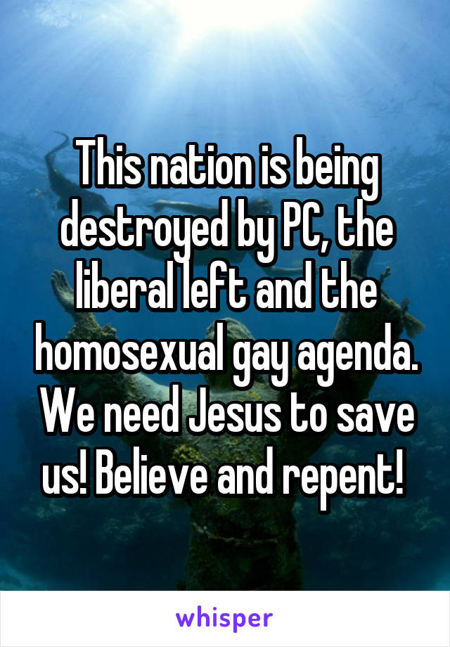 This nation is being destroyed by PC, the liberal left and the homosexual gay agenda. We need Jesus to save us! Believe and repent! 