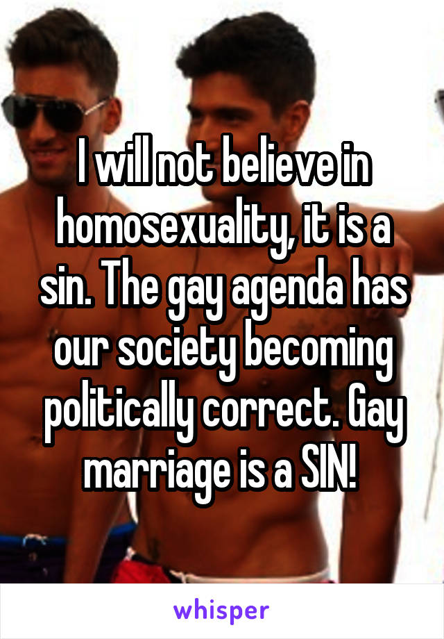 I will not believe in homosexuality, it is a sin. The gay agenda has our society becoming politically correct. Gay marriage is a SIN! 