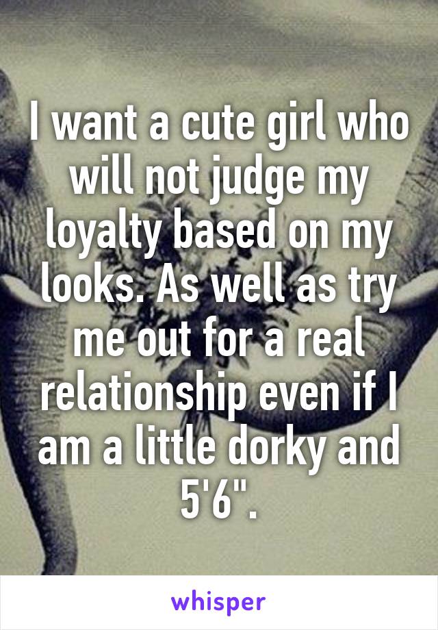 I want a cute girl who will not judge my loyalty based on my looks. As well as try me out for a real relationship even if I am a little dorky and 5'6".