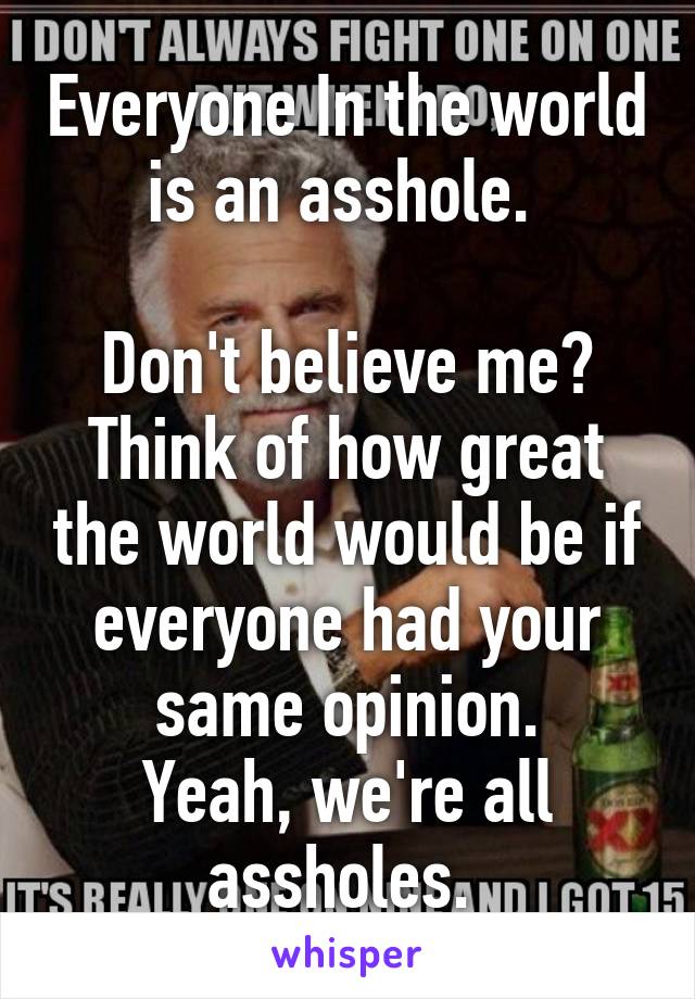 Everyone In the world is an asshole. 

Don't believe me? Think of how great the world would be if everyone had your same opinion.
Yeah, we're all assholes. 