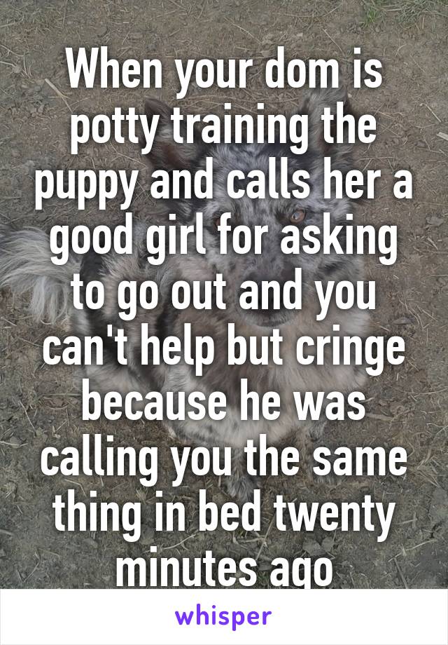 When your dom is potty training the puppy and calls her a good girl for asking to go out and you can't help but cringe because he was calling you the same thing in bed twenty minutes ago