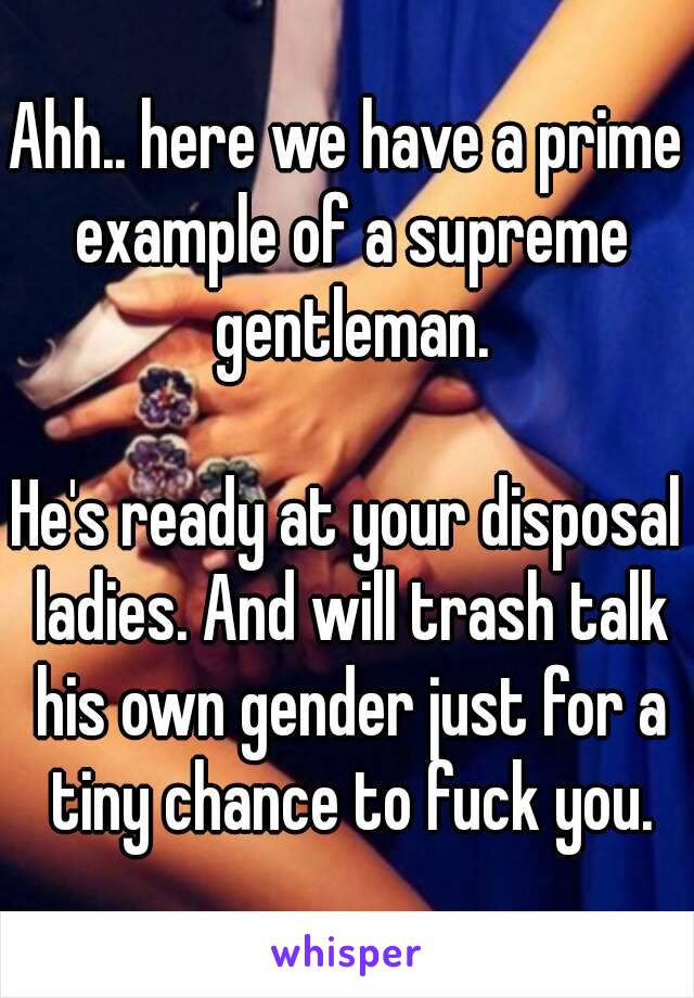 Ahh.. here we have a prime example of a supreme gentleman.

He's ready at your disposal ladies. And will trash talk his own gender just for a tiny chance to fuck you.