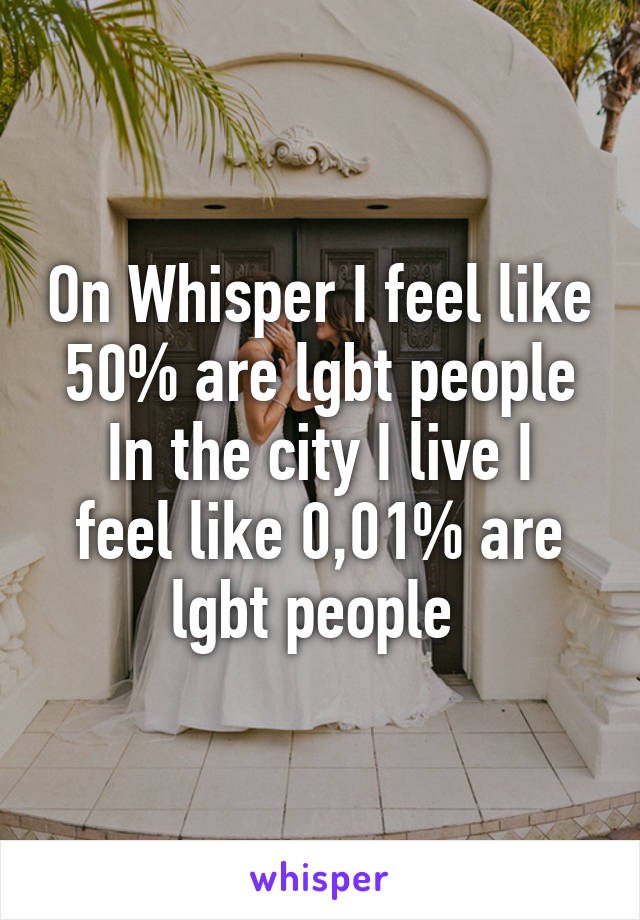 On Whisper I feel like 50% are lgbt people
In the city I live I feel like 0,01% are lgbt people 