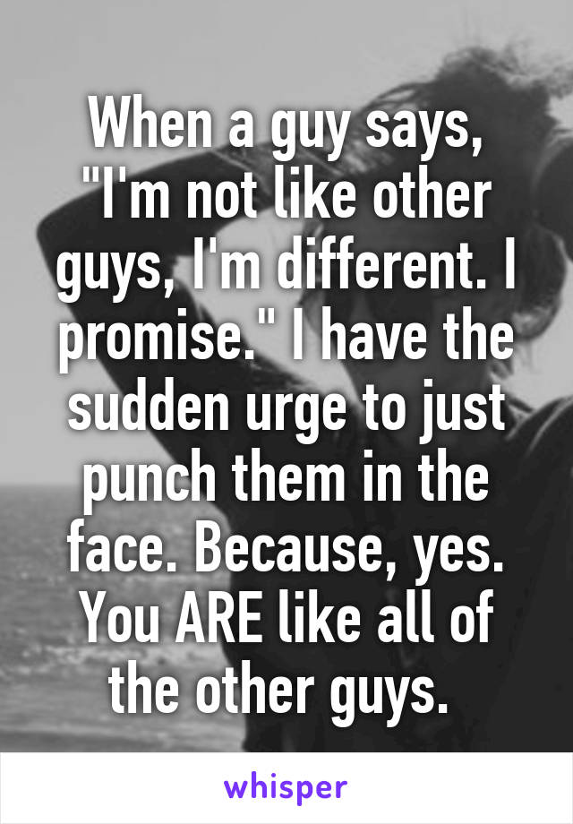 When a guy says, "I'm not like other guys, I'm different. I promise." I have the sudden urge to just punch them in the face. Because, yes. You ARE like all of the other guys. 