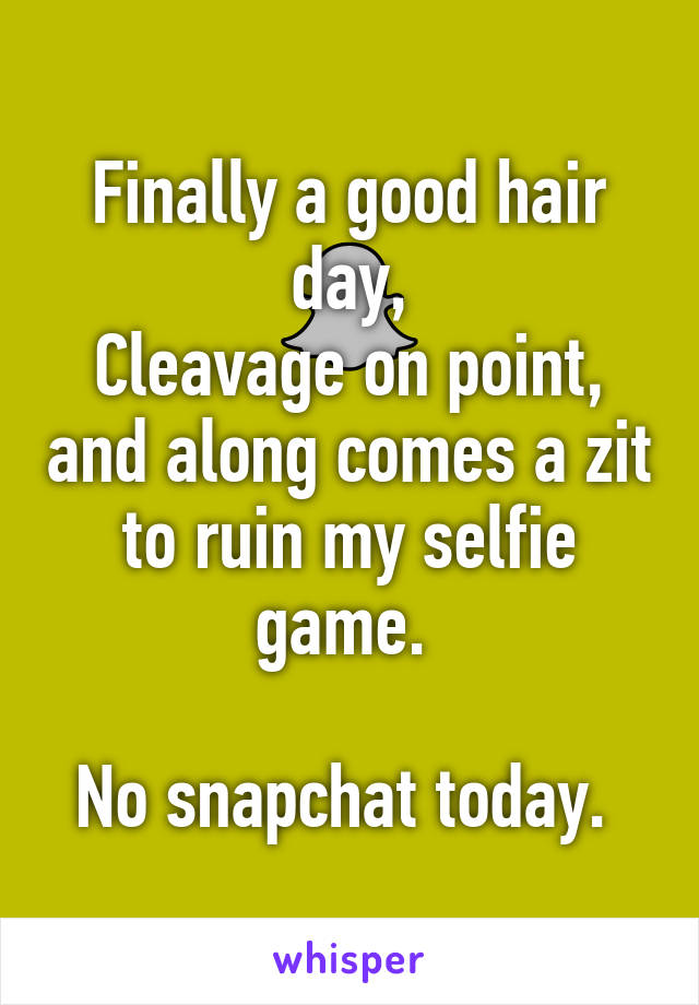 Finally a good hair day,
Cleavage on point, and along comes a zit to ruin my selfie game. 

No snapchat today. 