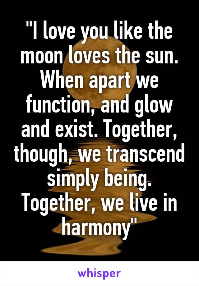 "I love you like the moon loves the sun. When apart we function, and glow and exist. Together, though, we transcend simply being. Together, we live in harmony"
