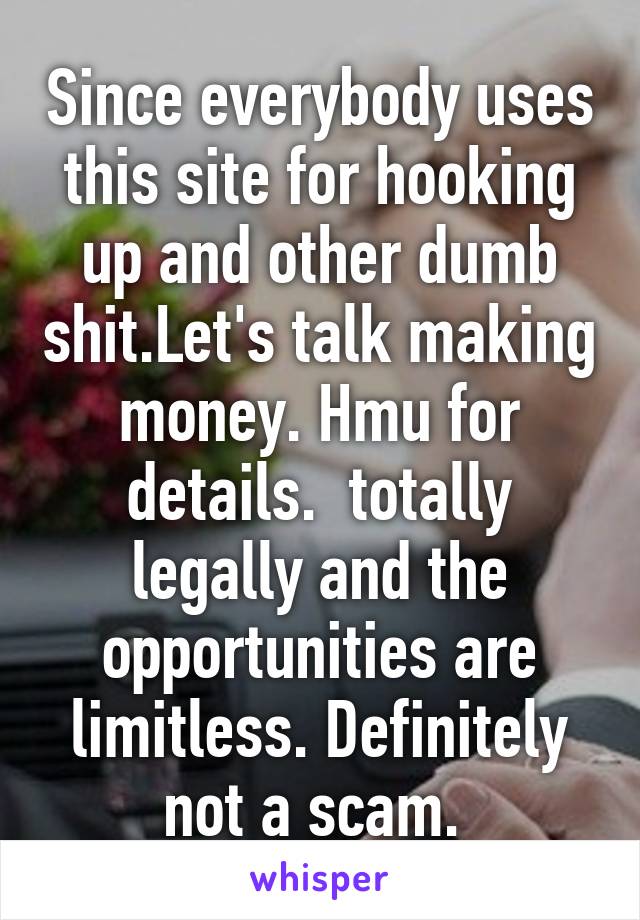 Since everybody uses this site for hooking up and other dumb shit.Let's talk making money. Hmu for details.  totally legally and the opportunities are limitless. Definitely not a scam. 