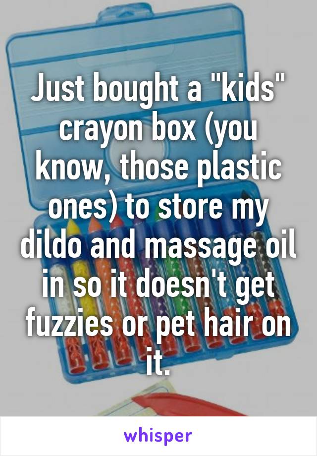 Just bought a "kids" crayon box (you know, those plastic ones) to store my dildo and massage oil in so it doesn't get fuzzies or pet hair on it.