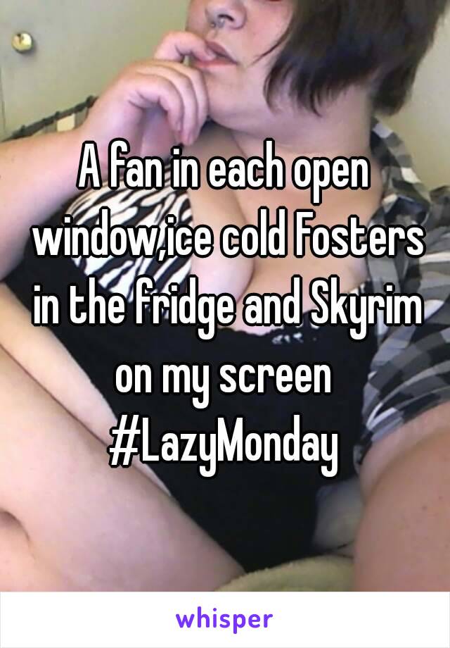 A fan in each open window,ice cold Fosters in the fridge and Skyrim on my screen 
#LazyMonday