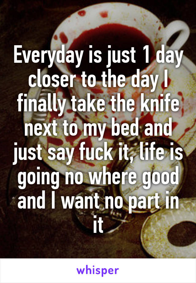 Everyday is just 1 day closer to the day I finally take the knife next to my bed and just say fuck it, life is going no where good and I want no part in it