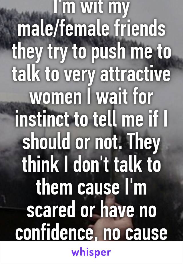 I'm wit my male/female friends they try to push me to talk to very attractive women I wait for instinct to tell me if I should or not. They think I don't talk to them cause I'm scared or have no confidence, no cause it won't go nowhere 