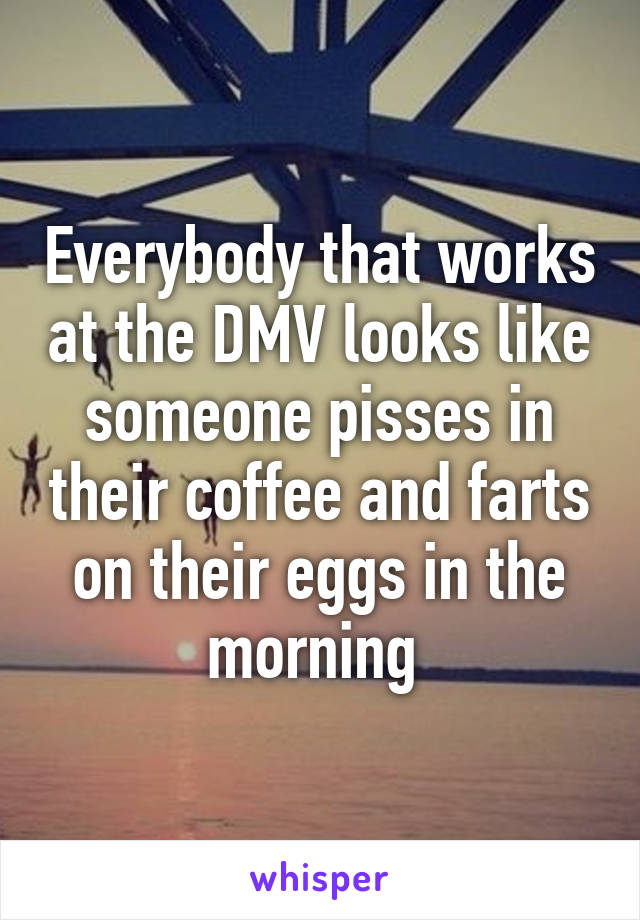 Everybody that works at the DMV looks like someone pisses in their coffee and farts on their eggs in the morning 