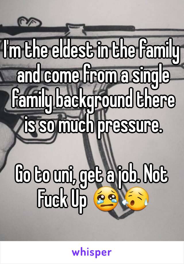 I'm the eldest in the family and come from a single family background there is so much pressure.

Go to uni, get a job. Not Fuck Up 😢😥