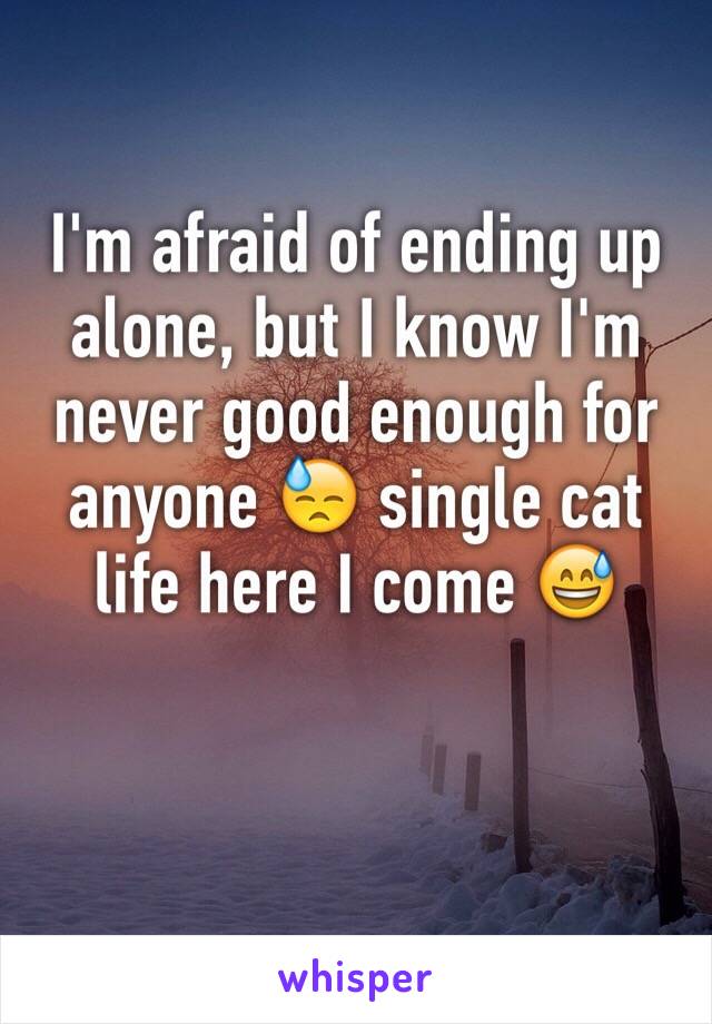 I'm afraid of ending up alone, but I know I'm never good enough for anyone 😓 single cat life here I come 😅