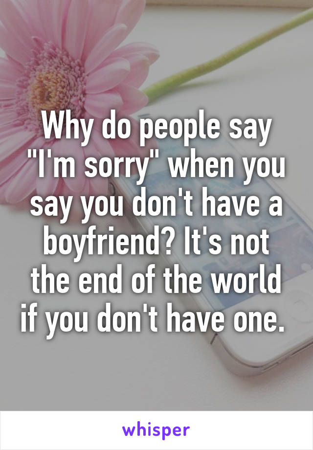 Why do people say "I'm sorry" when you say you don't have a boyfriend? It's not the end of the world if you don't have one. 