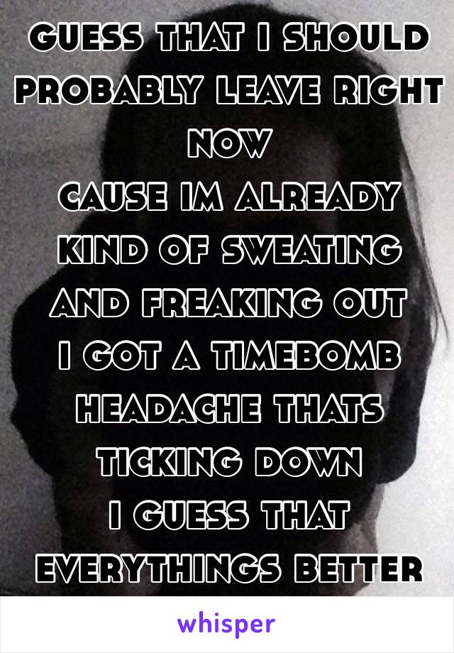 guess that i should probably leave right now 
cause im already kind of sweating and freaking out 
i got a timebomb headache thats ticking down 
i guess that everythings better when im not around
