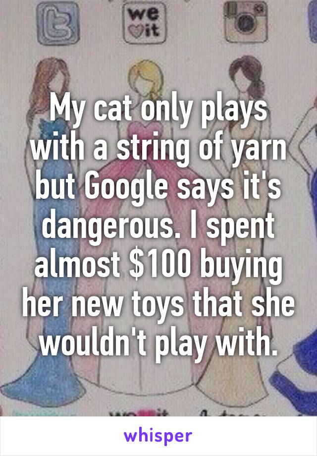 My cat only plays with a string of yarn but Google says it's dangerous. I spent almost $100 buying her new toys that she wouldn't play with.