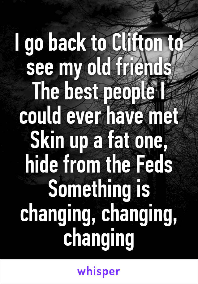 I go back to Clifton to see my old friends
The best people I could ever have met
Skin up a fat one, hide from the Feds
Something is changing, changing, changing