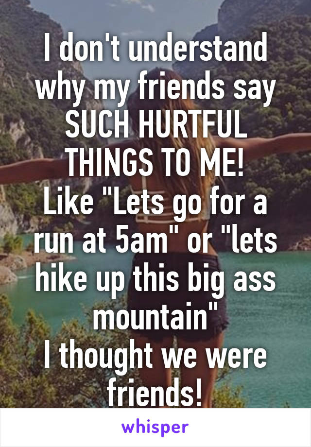 I don't understand why my friends say SUCH HURTFUL THINGS TO ME!
Like "Lets go for a run at 5am" or "lets hike up this big ass mountain"
I thought we were friends!