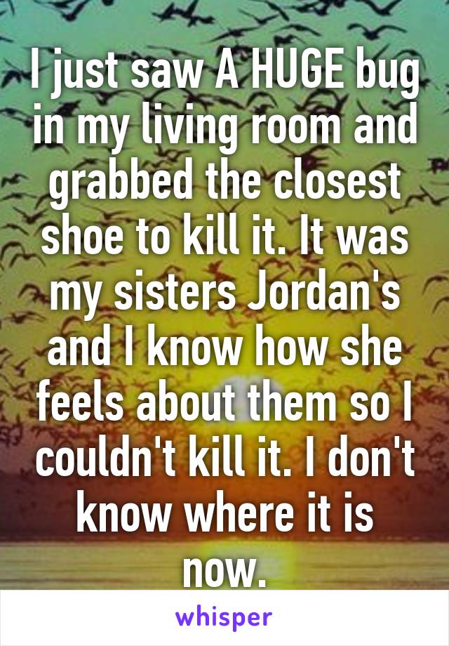 I just saw A HUGE bug in my living room and grabbed the closest shoe to kill it. It was my sisters Jordan's and I know how she feels about them so I couldn't kill it. I don't know where it is now.