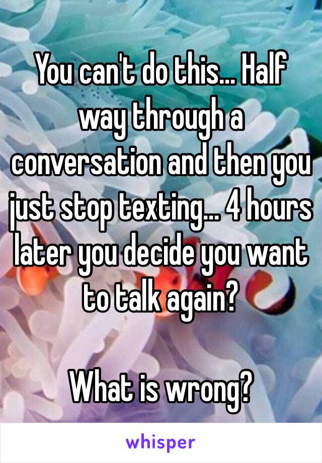 You can't do this... Half way through a conversation and then you just stop texting... 4 hours later you decide you want to talk again? 

What is wrong?