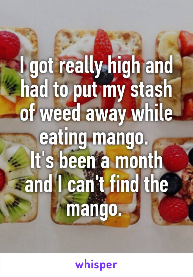 I got really high and had to put my stash of weed away while eating mango. 
It's been a month and I can't find the mango. 