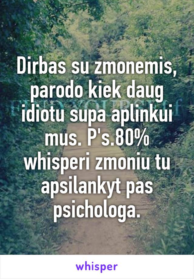 Dirbas su zmonemis, parodo kiek daug idiotu supa aplinkui mus. P's.80% whisperi zmoniu tu apsilankyt pas psichologa.