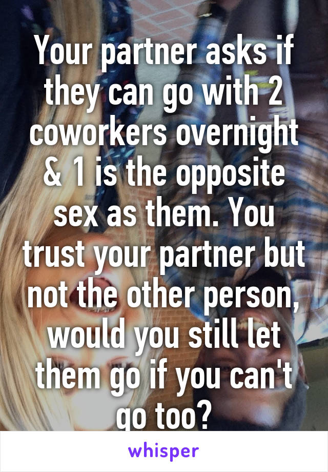 Your partner asks if they can go with 2 coworkers overnight & 1 is the opposite sex as them. You trust your partner but not the other person, would you still let them go if you can't go too?