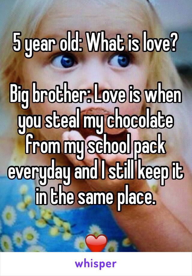 5 year old: What is love? 

Big brother: Love is when you steal my chocolate from my school pack everyday and I still keep it in the same place.

❤️