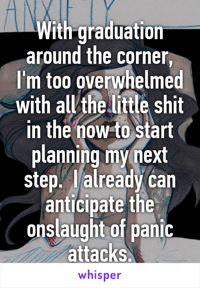 With graduation around the corner, I'm too overwhelmed with all the little shit in the now to start planning my next step.  I already can anticipate the onslaught of panic attacks.