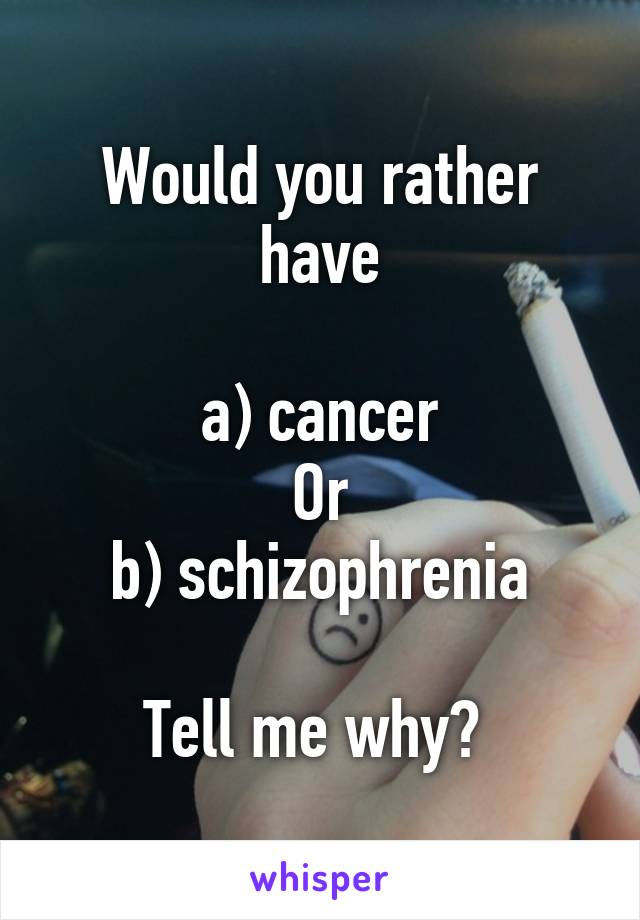 Would you rather have

a) cancer
Or
b) schizophrenia

Tell me why? 