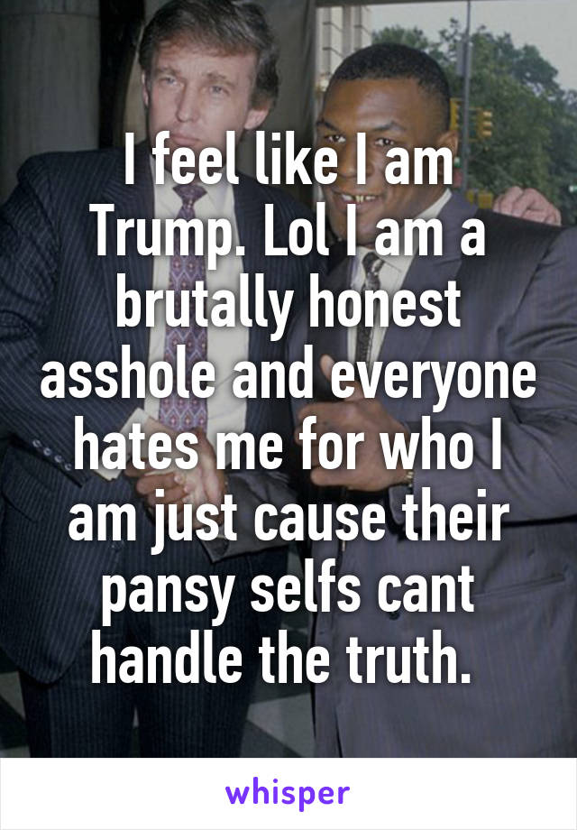 I feel like I am Trump. Lol I am a brutally honest asshole and everyone hates me for who I am just cause their pansy selfs cant handle the truth. 