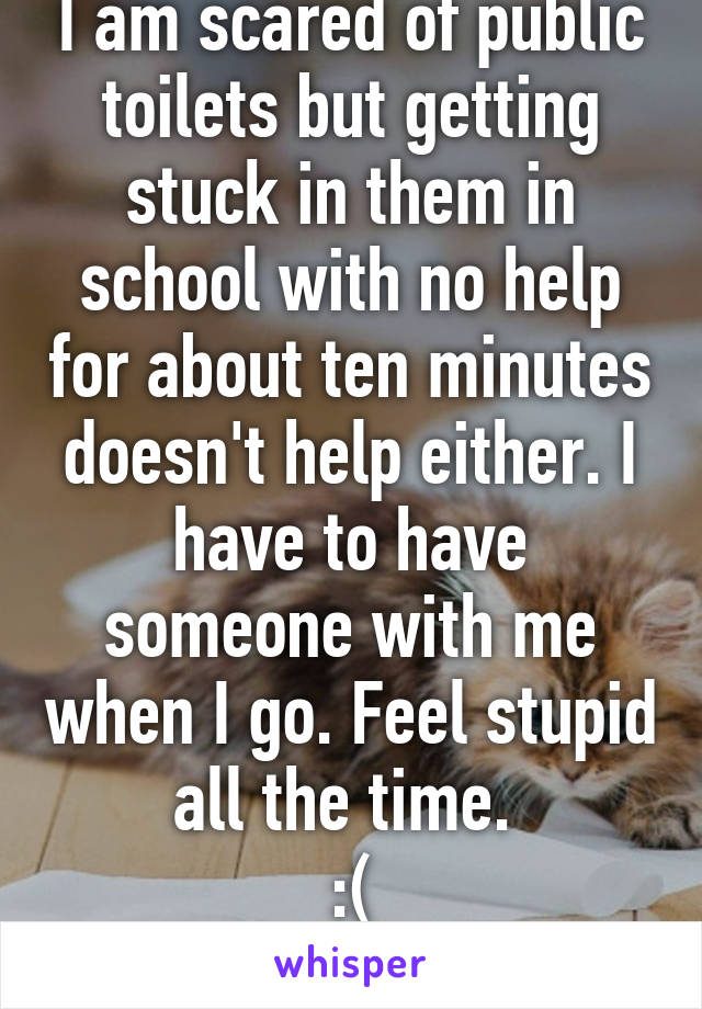 I am scared of public toilets but getting stuck in them in school with no help for about ten minutes doesn't help either. I have to have someone with me when I go. Feel stupid all the time. 
:(
