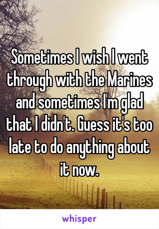 Sometimes I wish I went through with the Marines and sometimes I'm glad that I didn't. Guess it's too late to do anything about it now. 