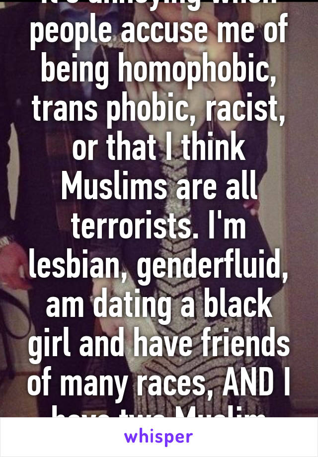 It's annoying when people accuse me of being homophobic, trans phobic, racist, or that I think Muslims are all terrorists. I'm lesbian, genderfluid, am dating a black girl and have friends of many races, AND I have two Muslim friends.