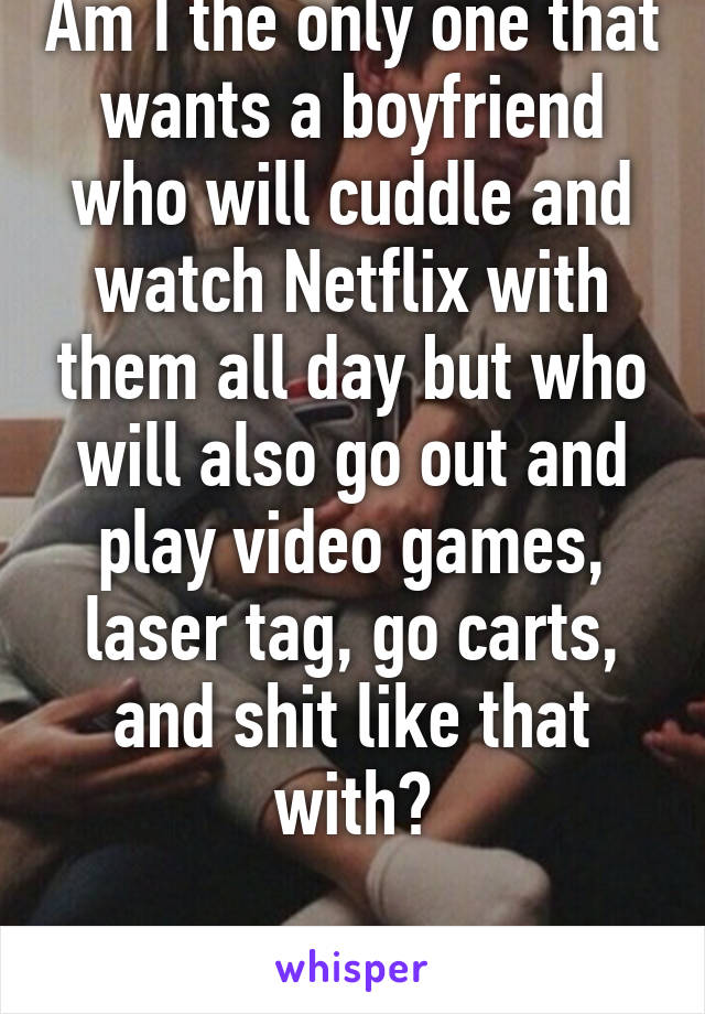 Am I the only one that wants a boyfriend who will cuddle and watch Netflix with them all day but who will also go out and play video games, laser tag, go carts, and shit like that with?

