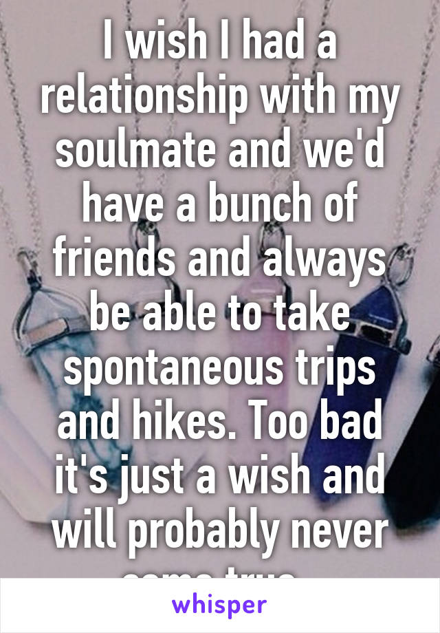 I wish I had a relationship with my soulmate and we'd have a bunch of friends and always be able to take spontaneous trips and hikes. Too bad it's just a wish and will probably never come true. 