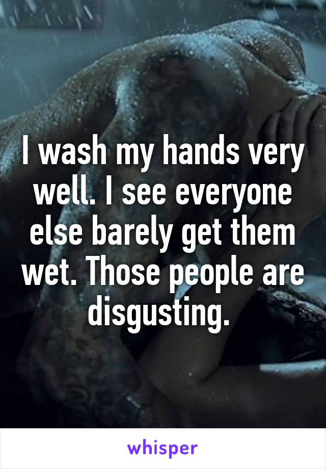 I wash my hands very well. I see everyone else barely get them wet. Those people are disgusting. 